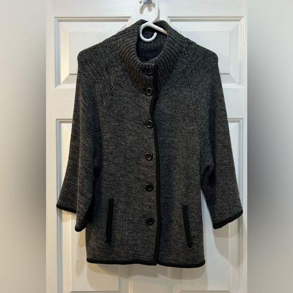 Ann Taylor Heathered Black Funnel Neck Wool Blend Cardigan Sweater Jacket Size M - Picture 1 of 8
